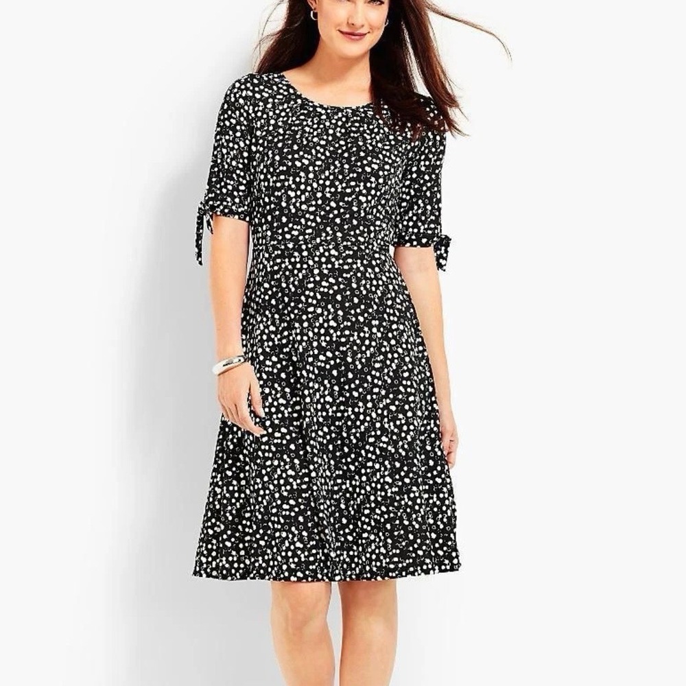 Talbots Black White‎ Dots Toe Sleeve Stretch Flare Dress Size MEDIUM